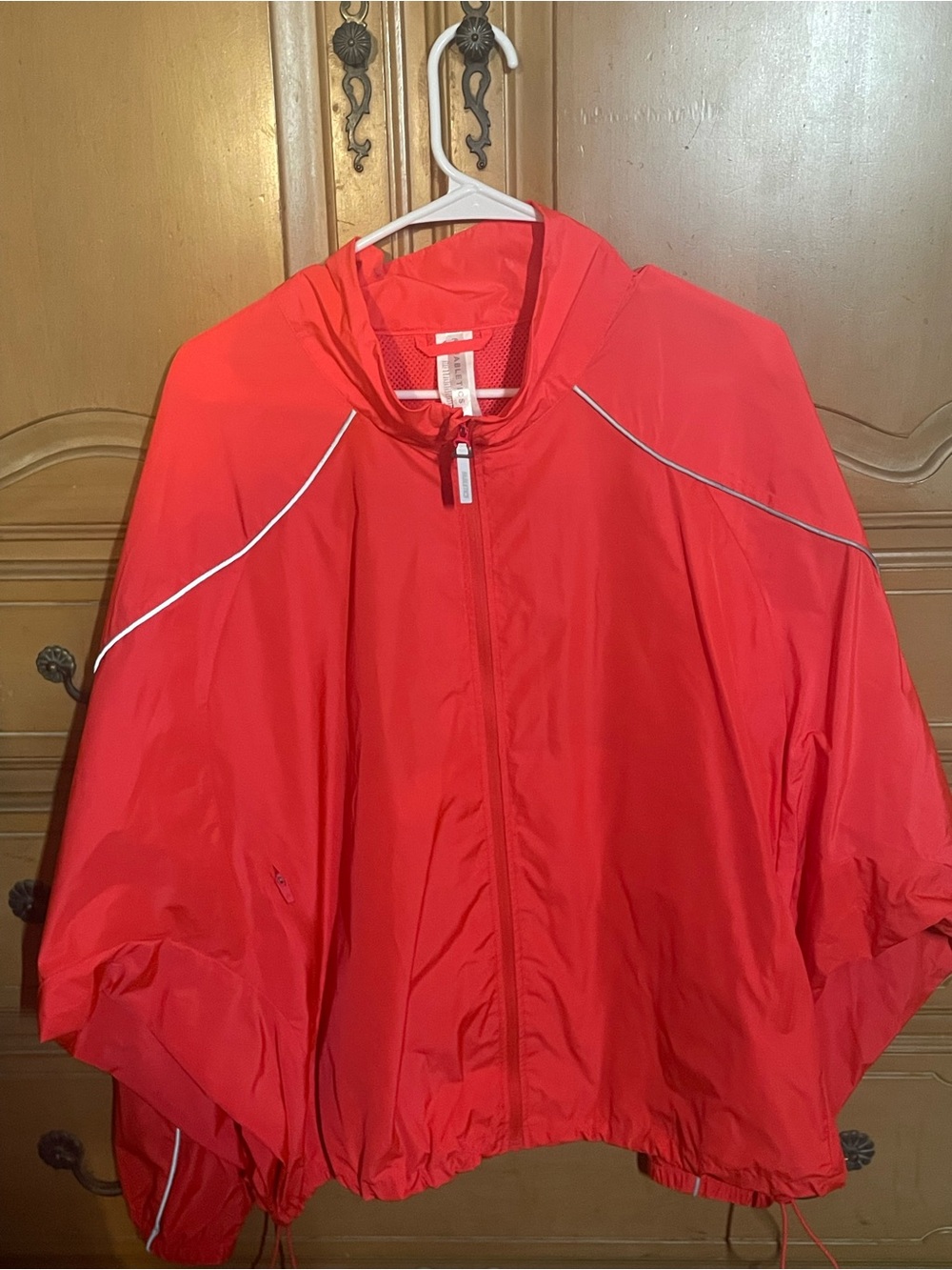Fabletics Bright Coral Windbreaker Zip Jacket with Reflective Piping